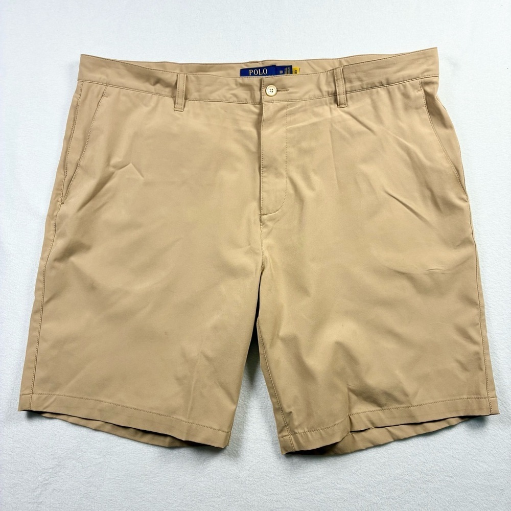 Polo Ralph Lauren 9.5” Swim Trunks Mens 38 Tan Unlined Preppy Minimalist Logo